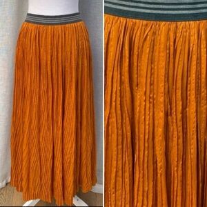 Burning Torch orange pleated silk gray elastic waist midi full skirt